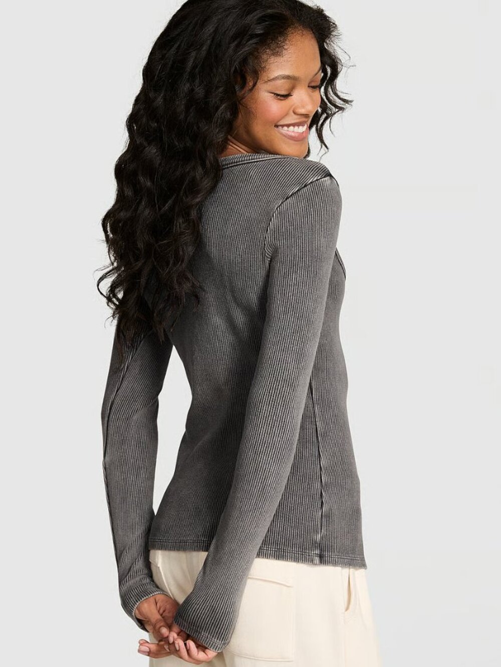Victoria's Secret PINK Vintage Ribbed Button Down Long Sleeve Tee